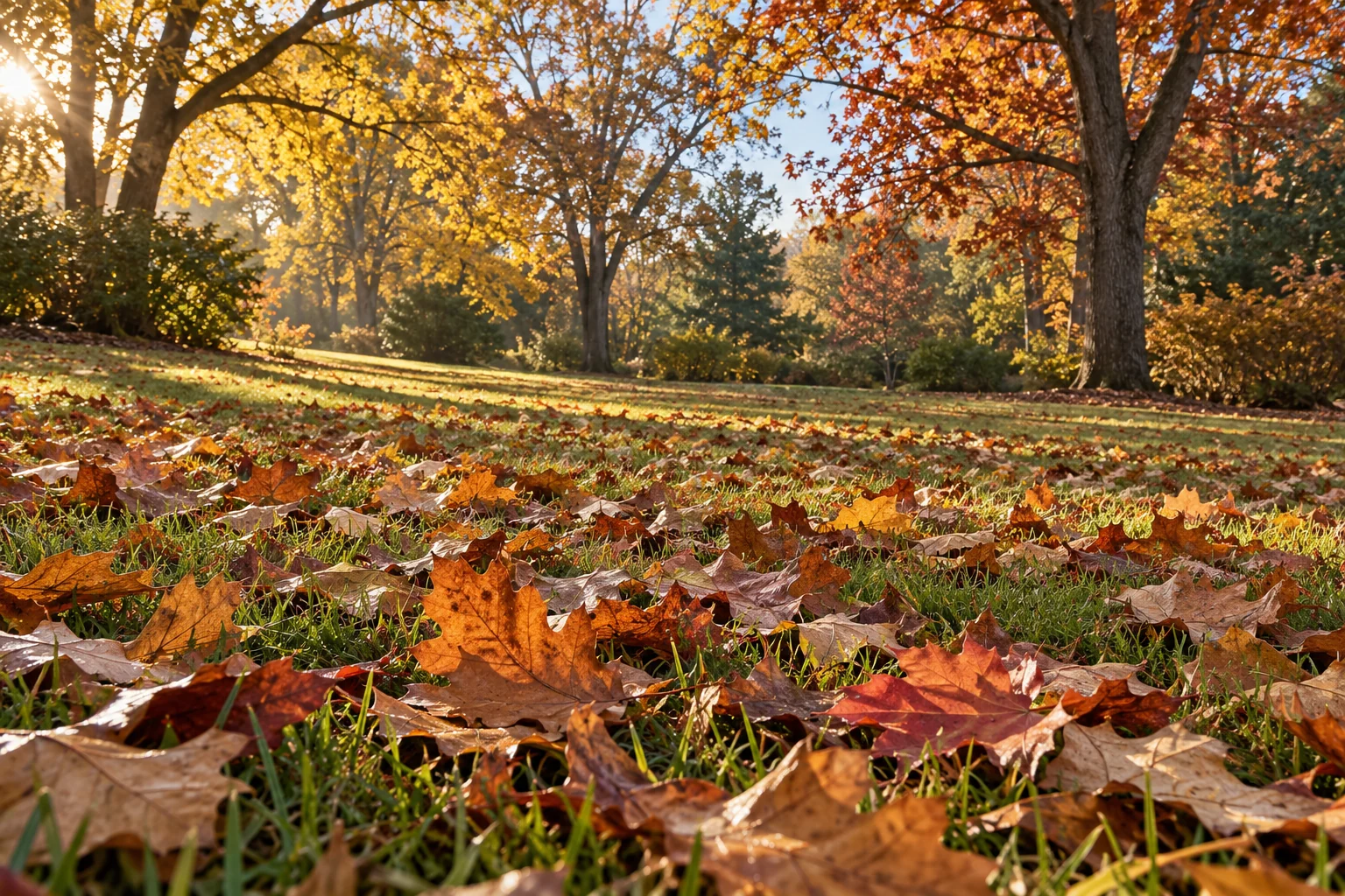 Golden autumn leaves scattered across green grass beneath mature fall trees